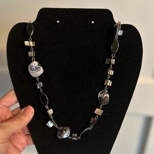 Shell Art beaded iridescent boho necklace, black and silver toned